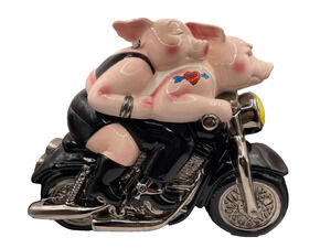 Vintage Hand Painted Biker Hogs Cookie Jar Ceramic Pigs on Motorcycle Clay Art